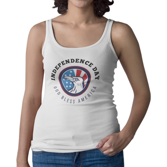 Woman modeling the Graphix Fuse "Independence Day God Bless America" Women's Racerback Tank Top