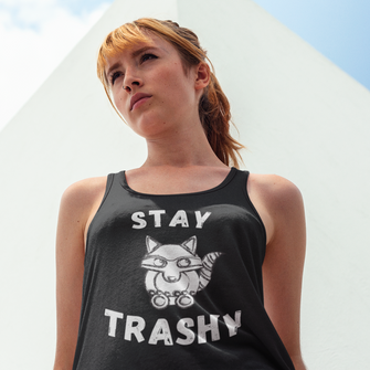 Woman modeling the Graphix Fuse "Stay Trashy" Women's Racerback Tank Top