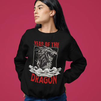 Woman modeling the "Year Of The Dragon" Unisex Crewneck Sweatshirt