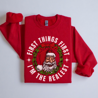 Graphix Fuse "First Things First I'm The Realest" Christmas Santa Unisex Heavy Blend Crewneck Sweatshirt, in red